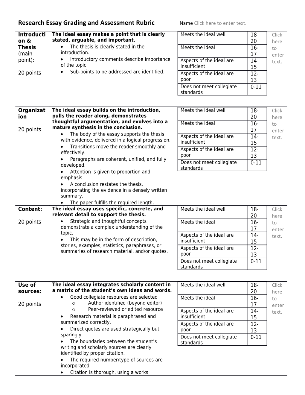 Research Essay Grading and Assessment Rubric Nameclick Here to Enter Text