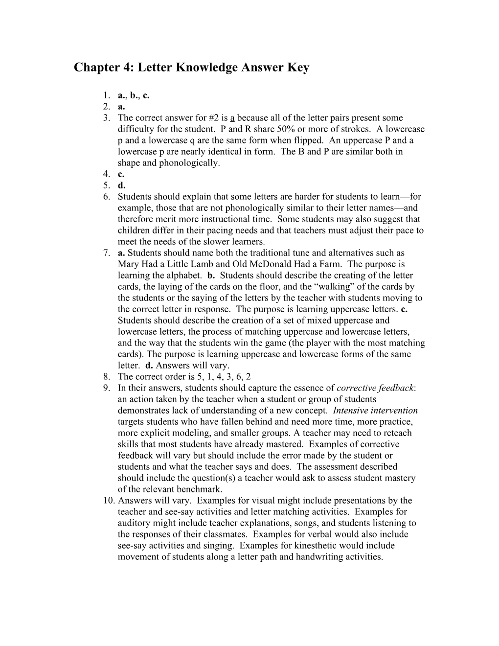 Chapter 4: Letter Knowledge Answer Key