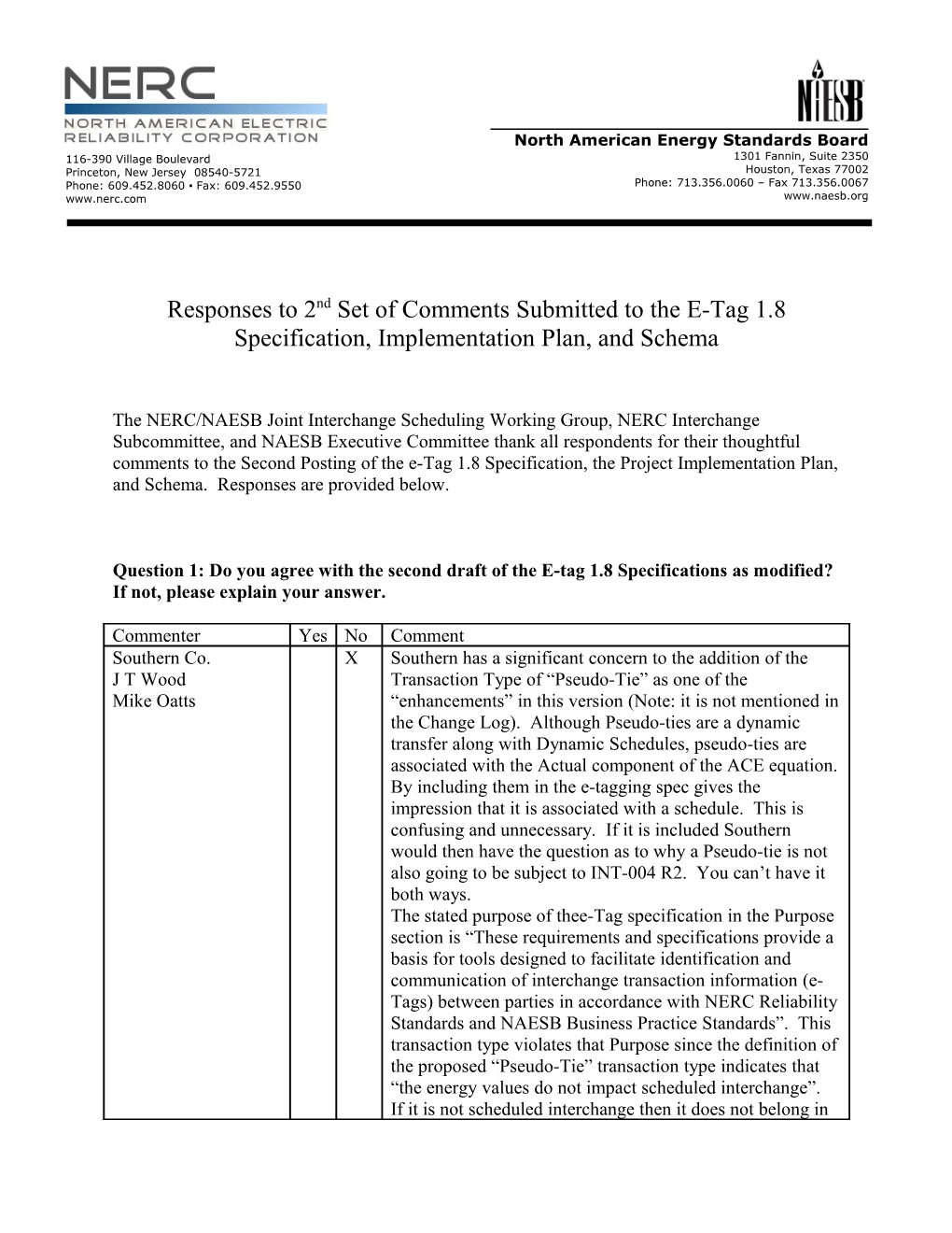 Responses to 2Nd Set of Comments Submitted to the E-Tag 1.8 Specification, Implementation