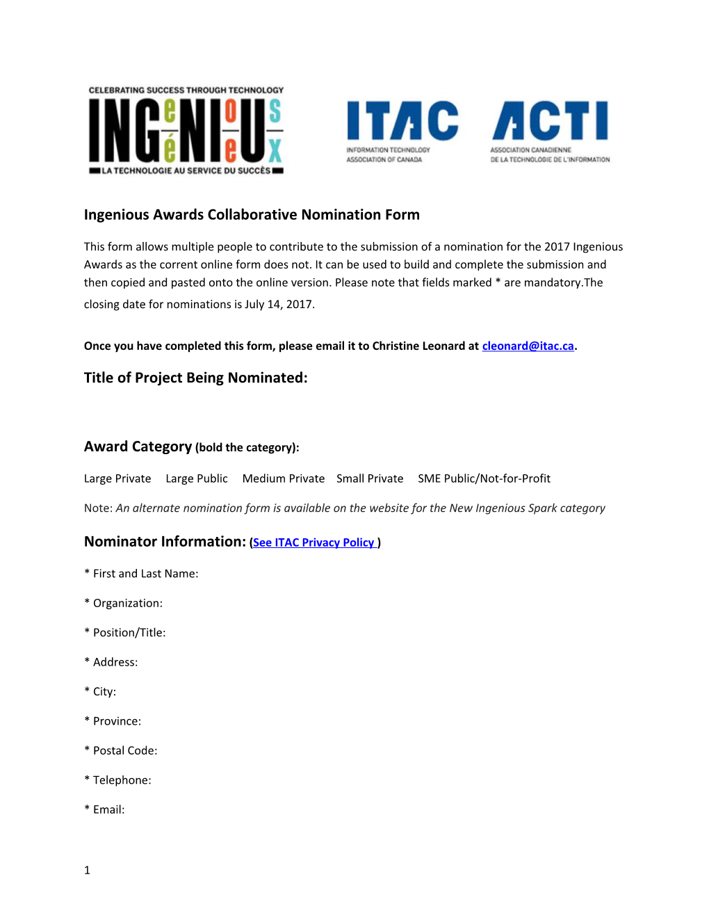 Ingenious Awards Collaborative Nomination Form