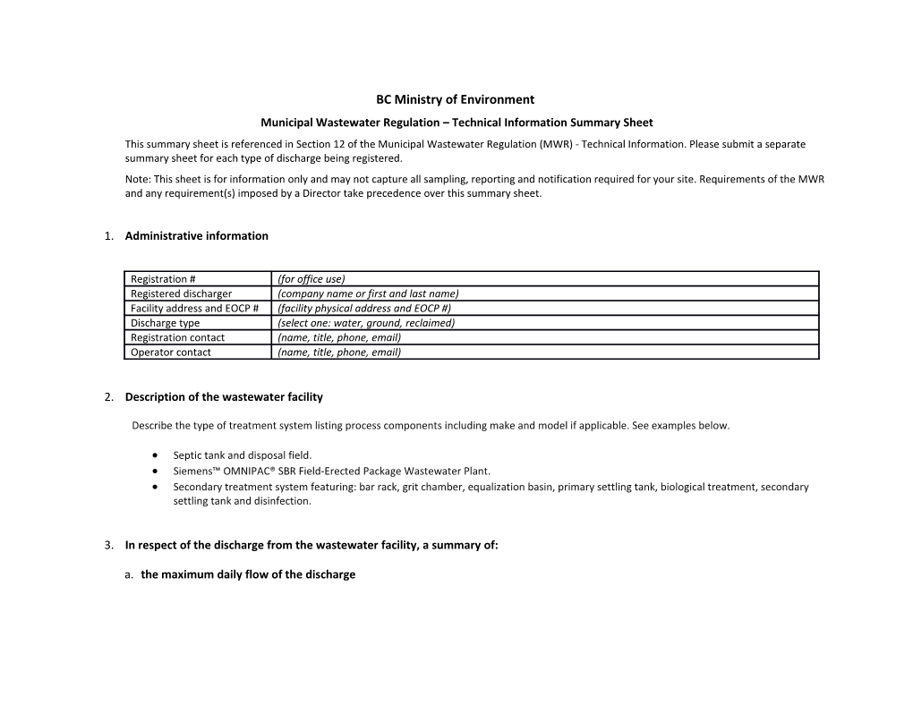 Municipal Wastewater Regulation Technical Information Summary Sheet