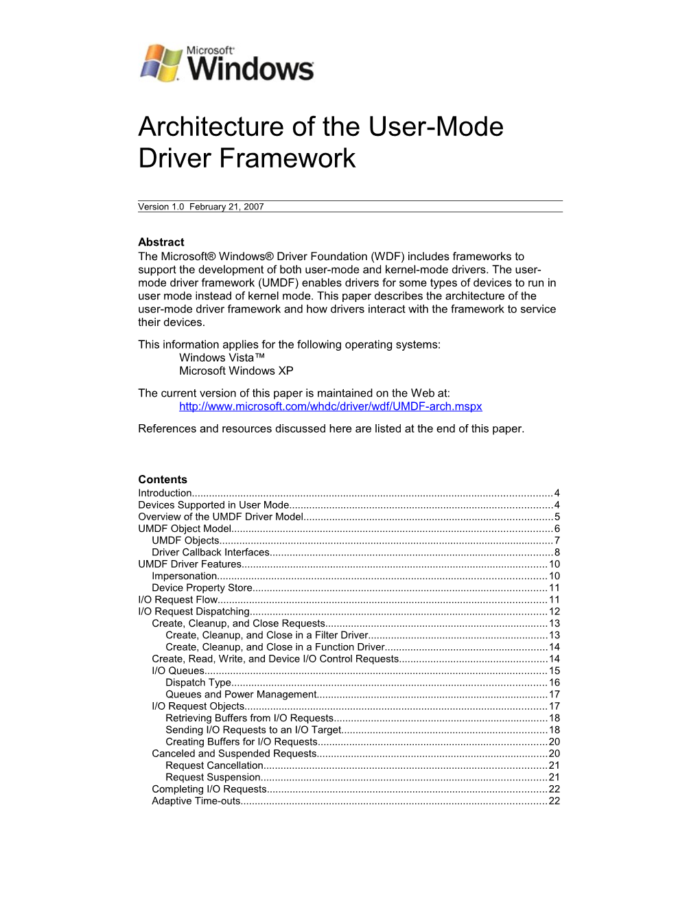 Architecture of the User-Mode Driver Framework