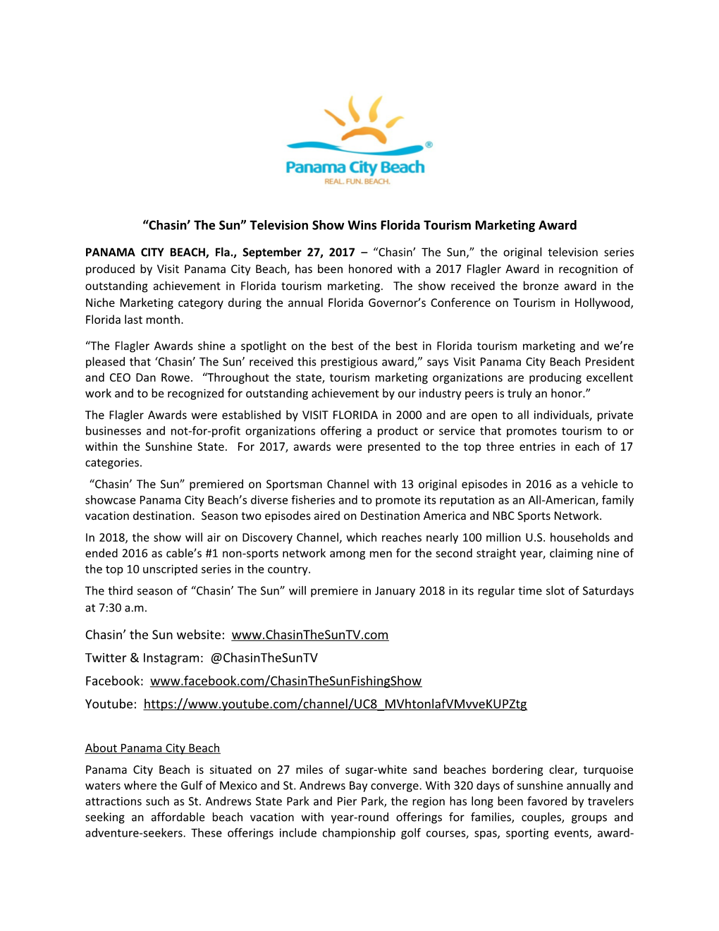 Chasin the Sun Television Show Wins Florida Tourism Marketing Award