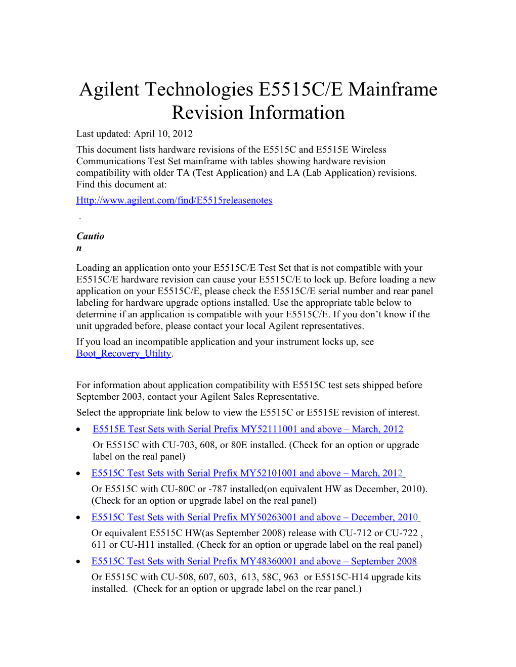 Agilent Technologies E5515C/E Mainframe Revision Information