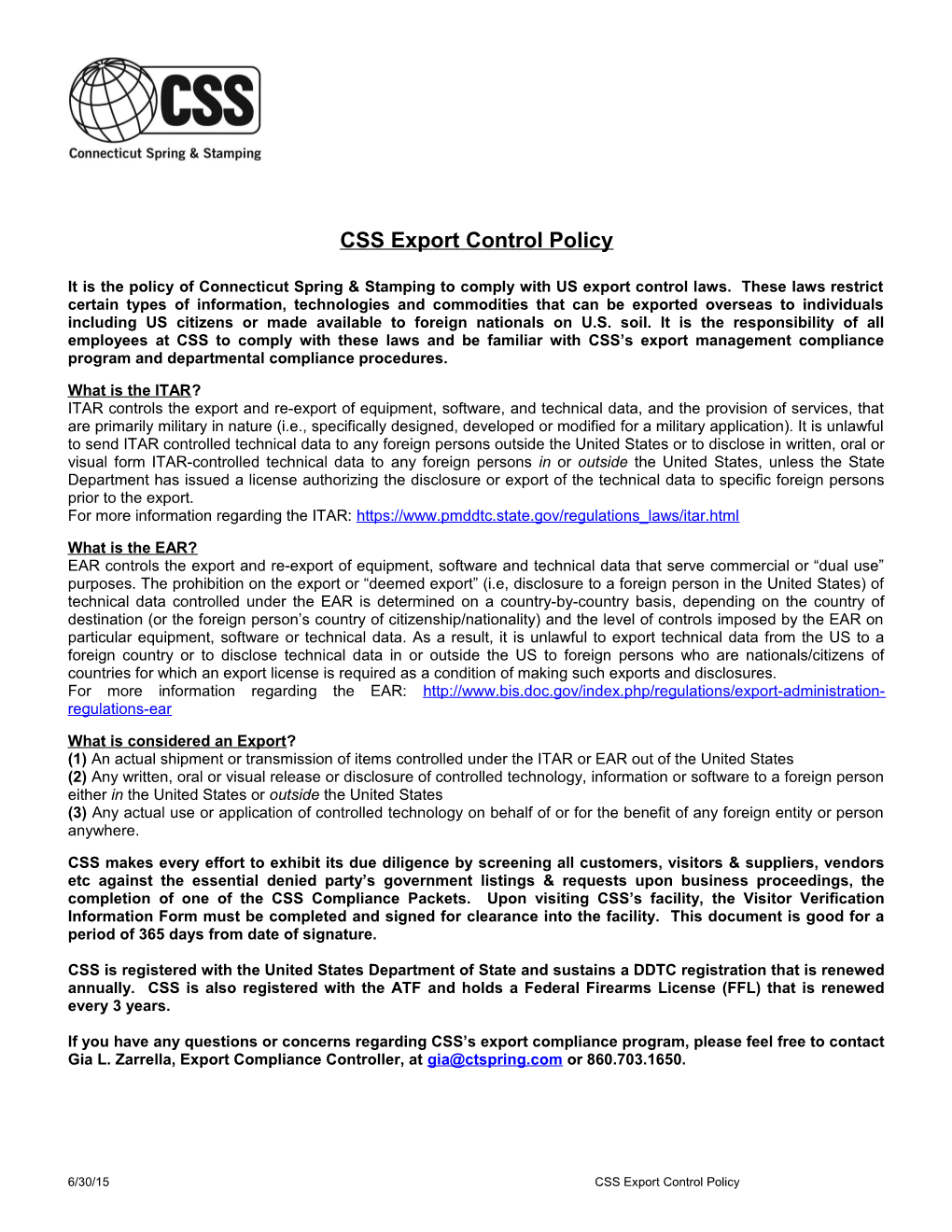 CSS Export Control Policy