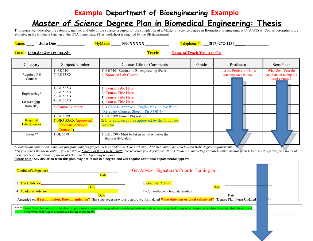 Master of Science Degree Plan in Biomedical Engineering