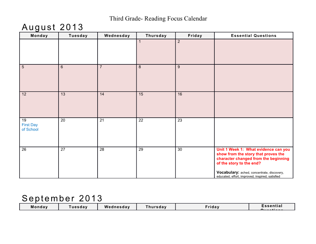 Third Grade- Reading Focus Calendar