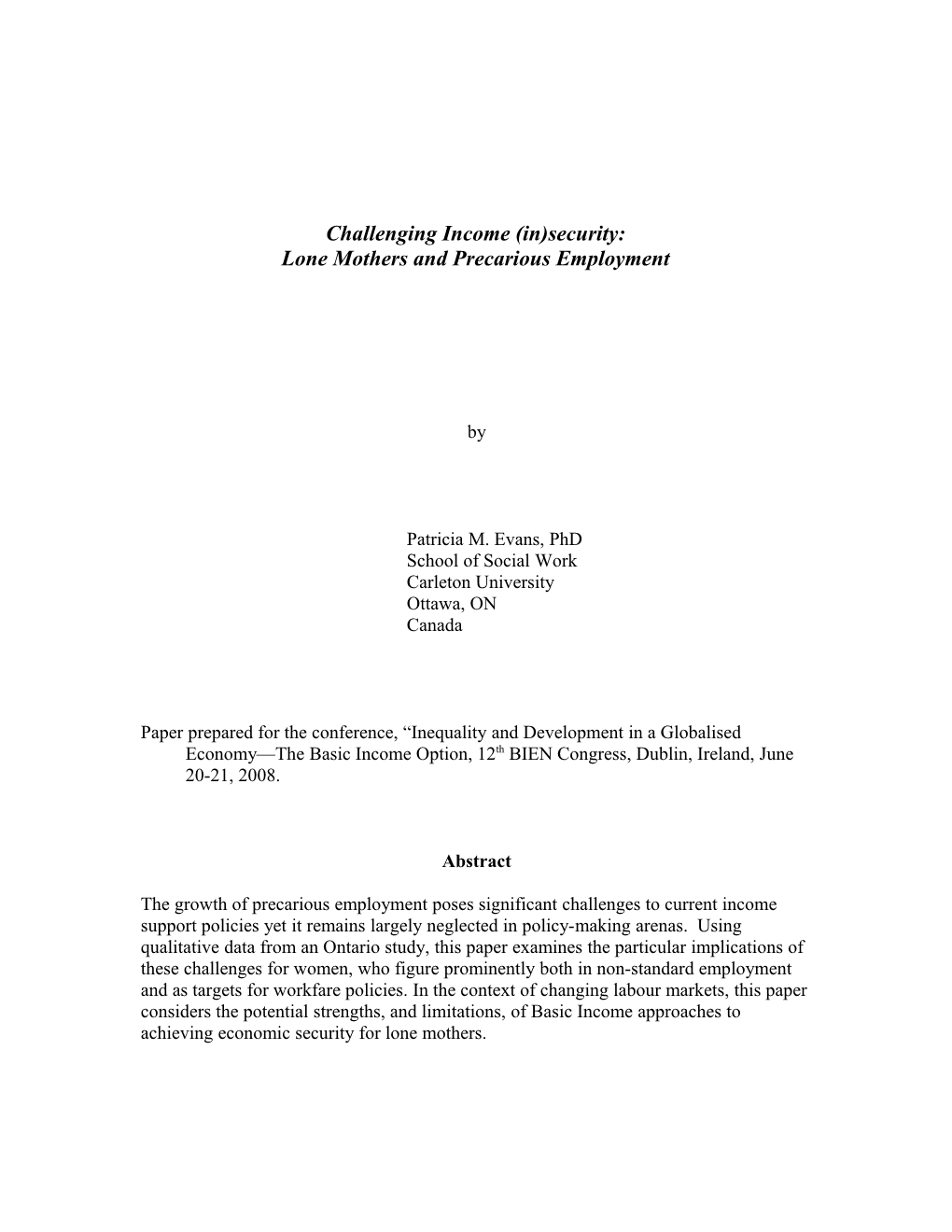 ABSTRACT: Challenging Income (In)Security: Women and Precarious Employment