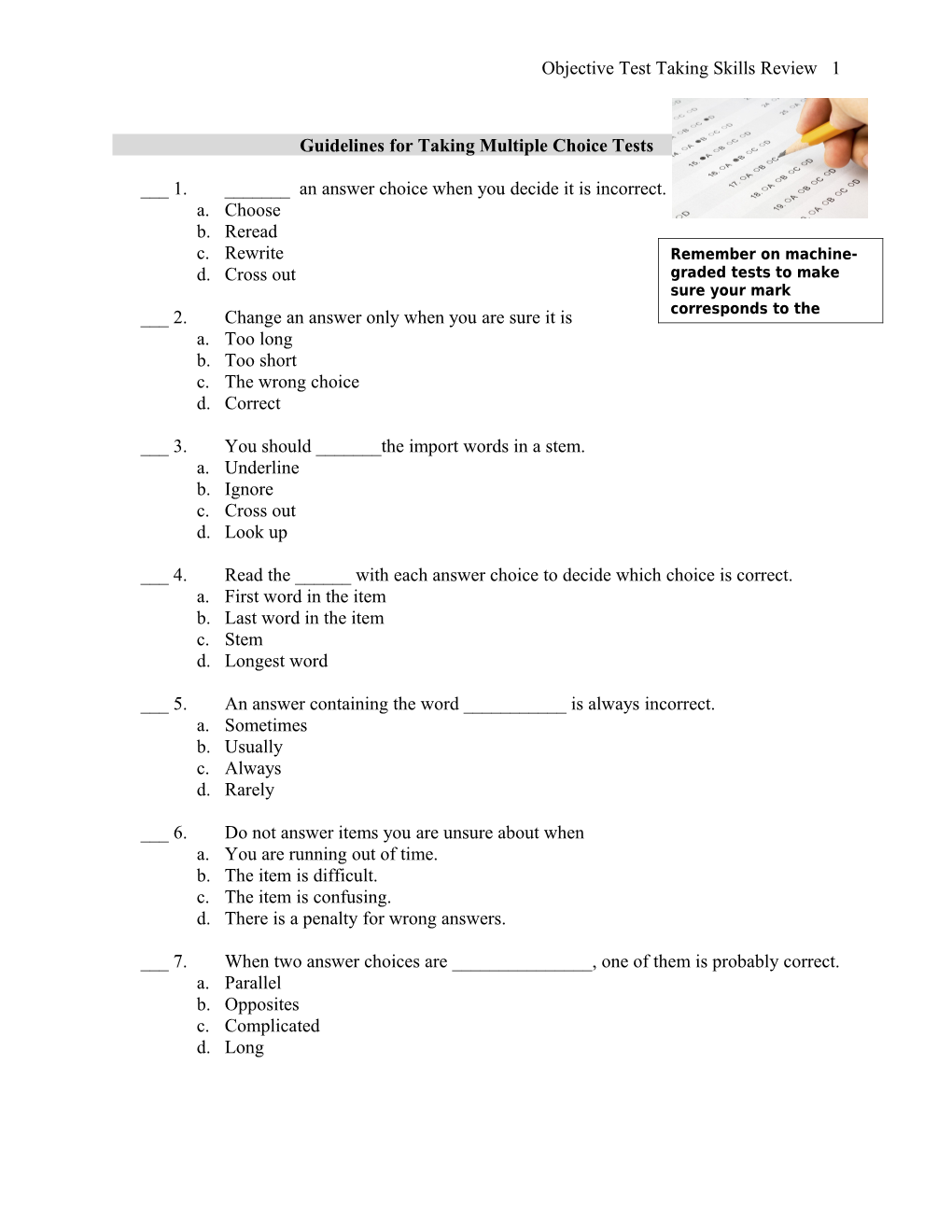 Guidelines for Taking Multiple Choice Tests