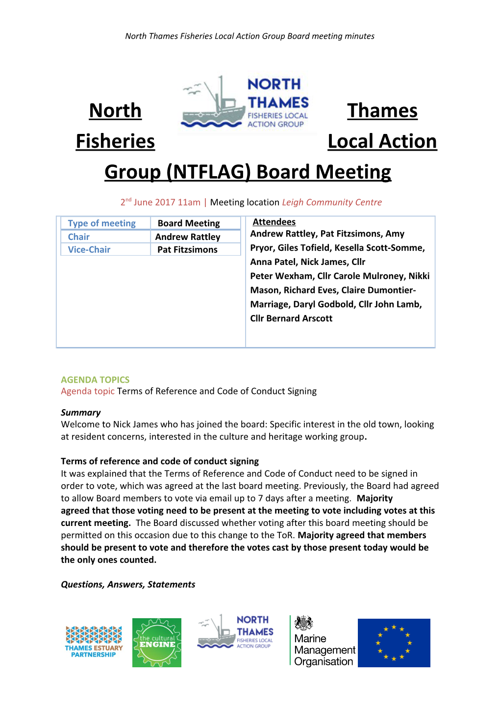 North Thames Fisheries Local Action Group (NTFLAG) Board Meeting