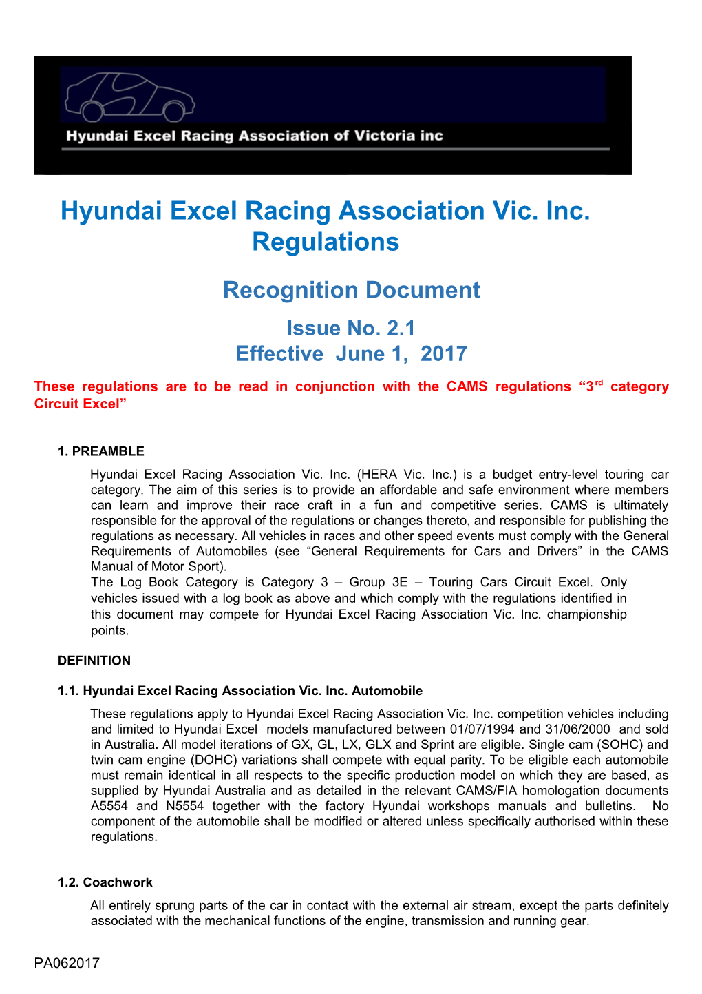 Hyundai Excel Racing Association Vic. Inc. Regulations