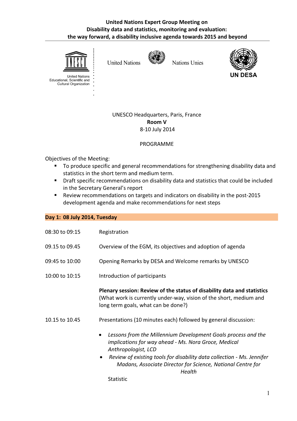 United Nations Expert Group Meeting on Disability Data and Statistics, Monitoring And