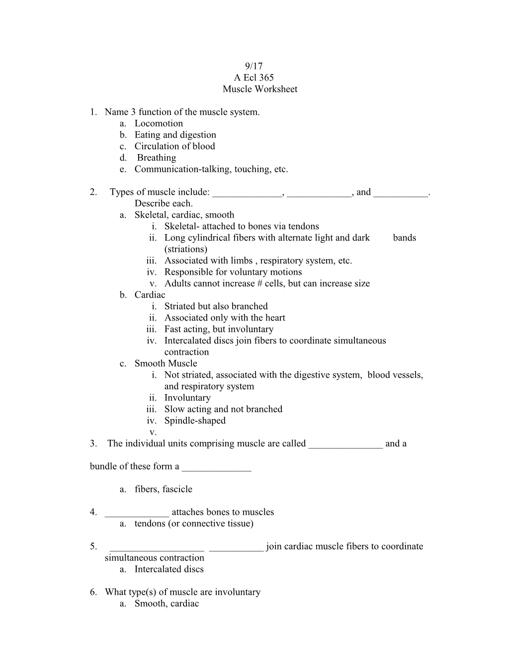 Muscle Worksheet