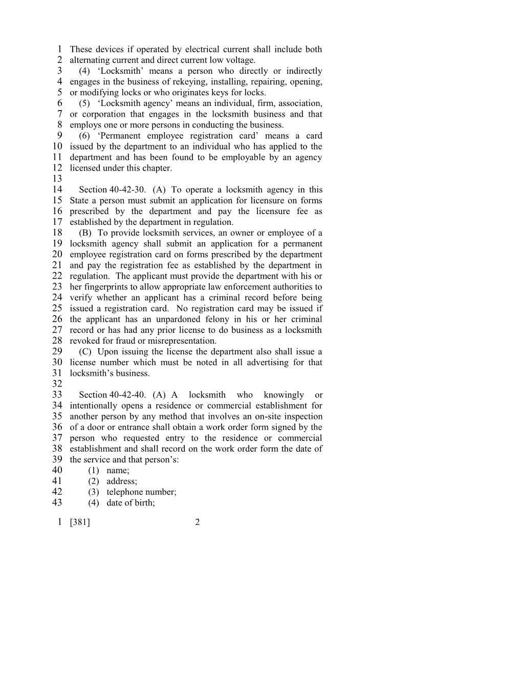 2001-2002 Bill 381: Locksmith Agencies, Licensure and Registration Of; Businesses And