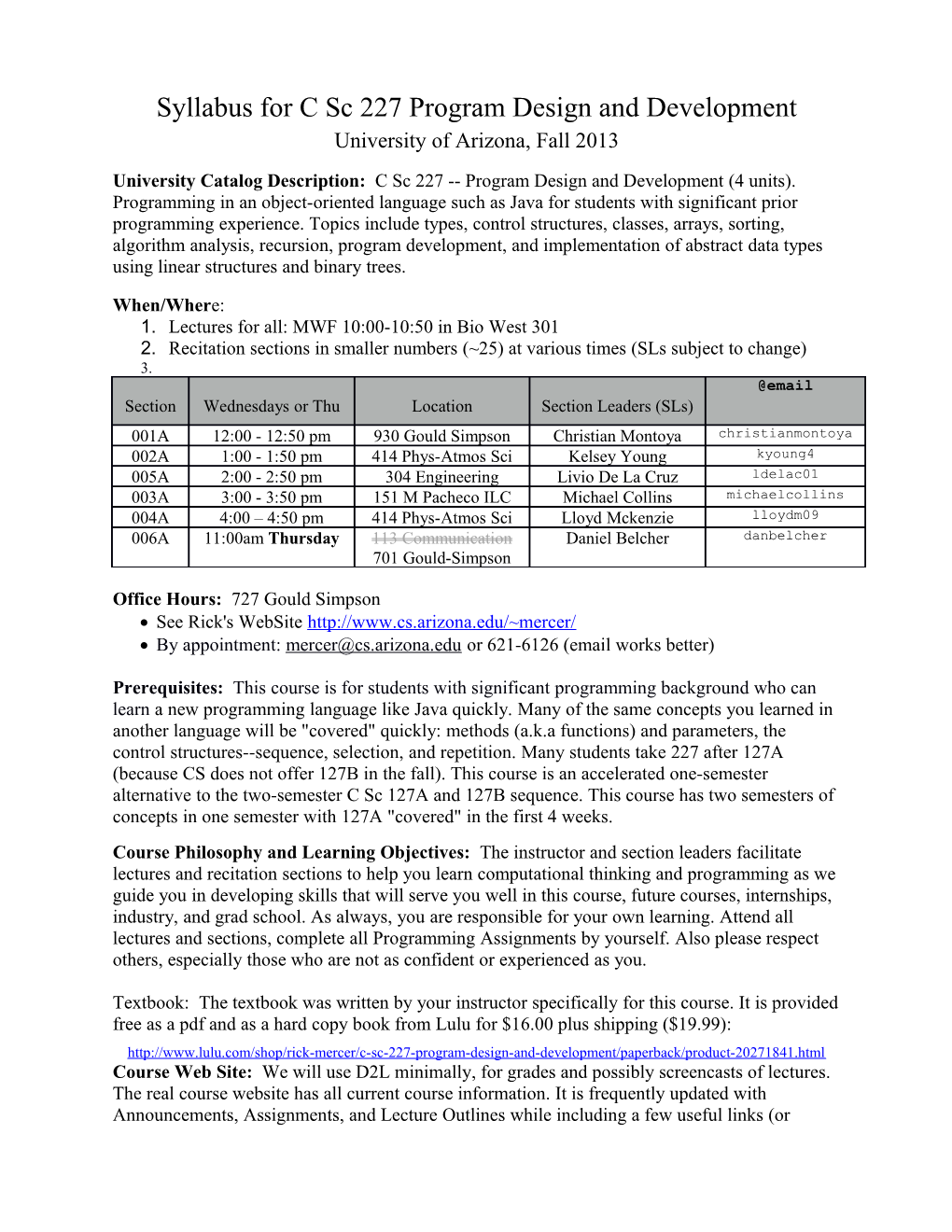 Syllabus for C Sc 227 Program Design and Development