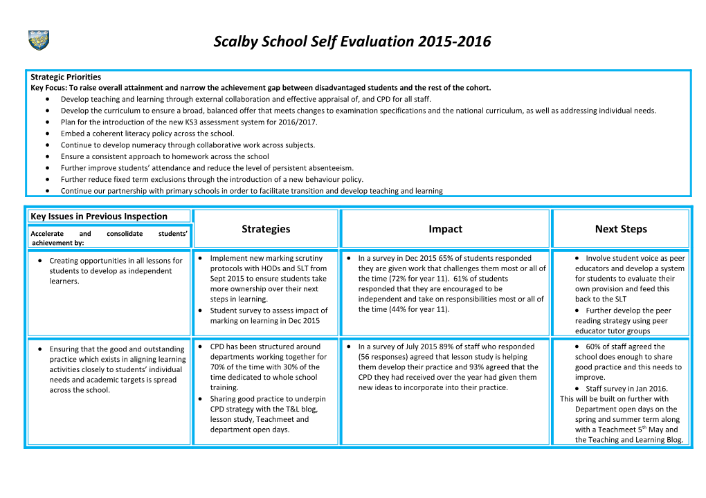 Scalby School Self Evaluation 2015-2016