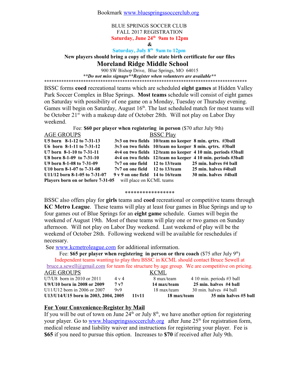 Blue Springs Soccer Club Spring 2000 Registration