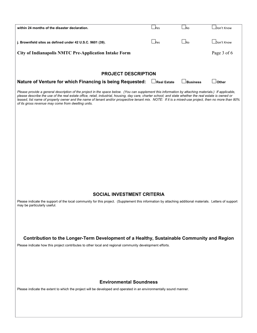 City of Indianapolis New Markets Tax Creditspre-Application Intakeform Page 1 of 6