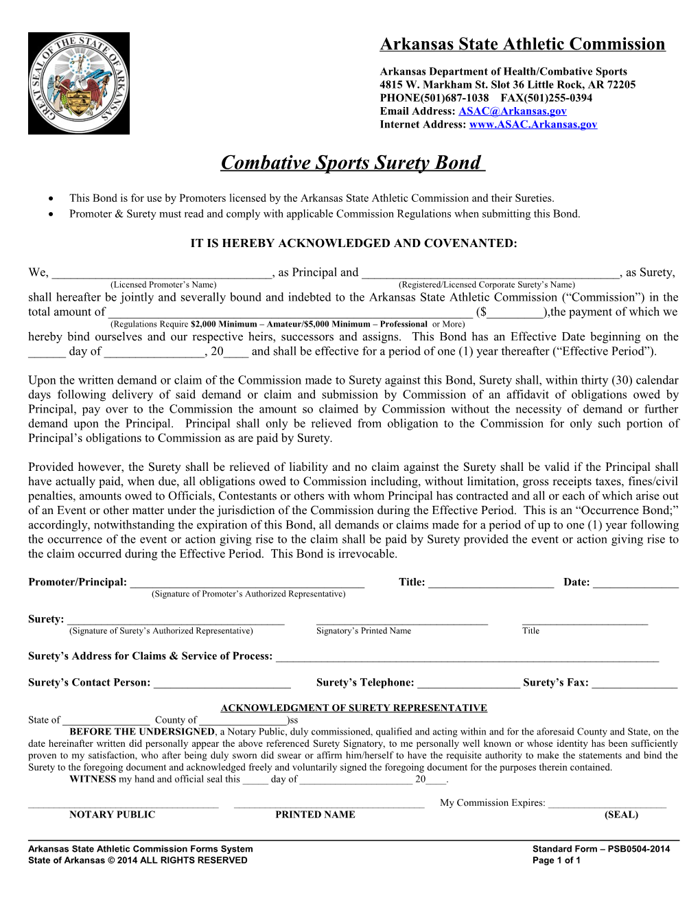 Arkansas State Athletic Commission Forms Systemstandard Form PSB0504-2014