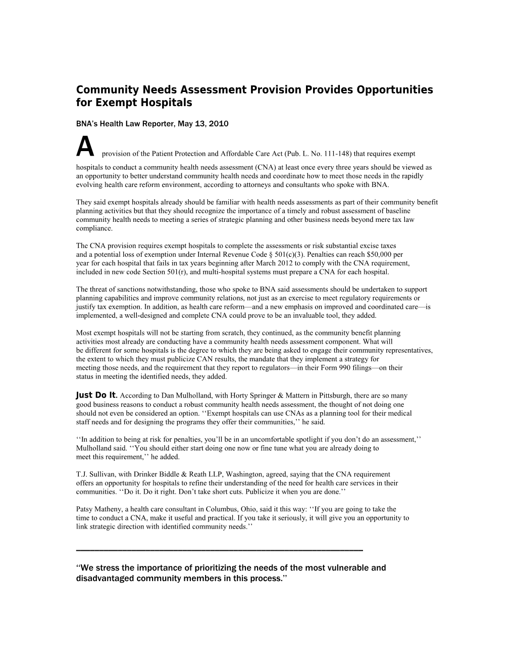 Community Needs Assessment Provision Provides Opportunities for Exempt Hospitals