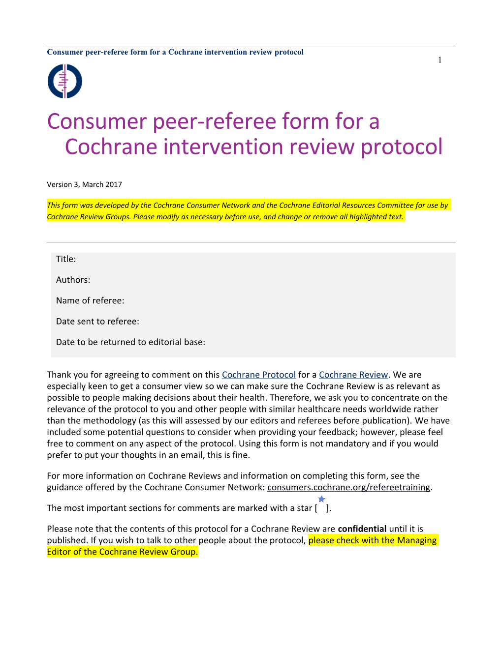 Consumer Peer-Referee Form for a Cochrane Intervention Review Protocol