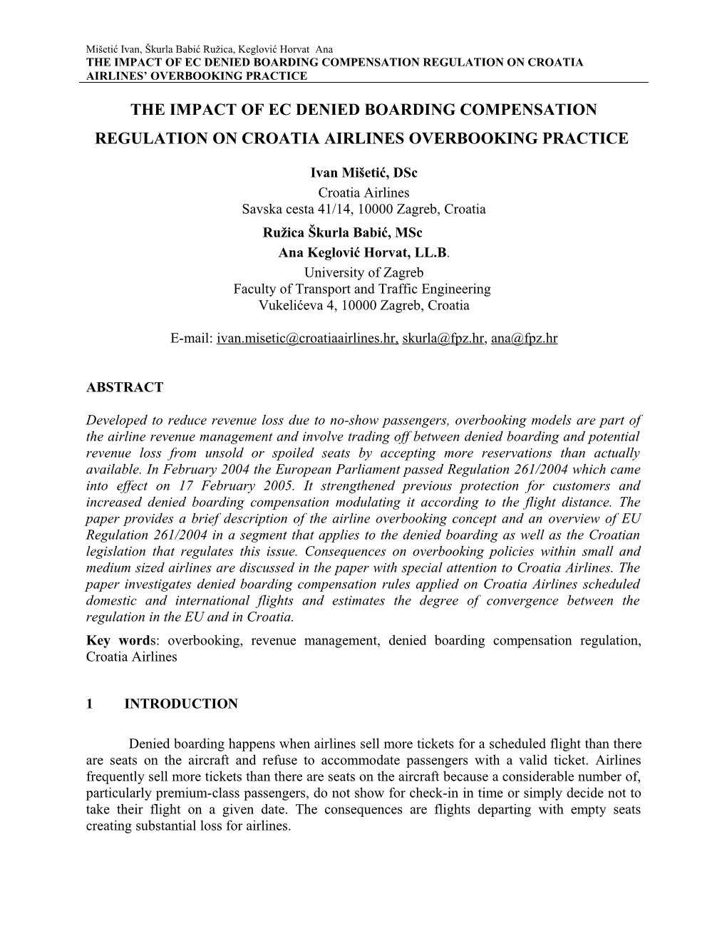 The Impact of Ec Denied Boarding Compensation Regulation on Croatia Airlines Overbooking