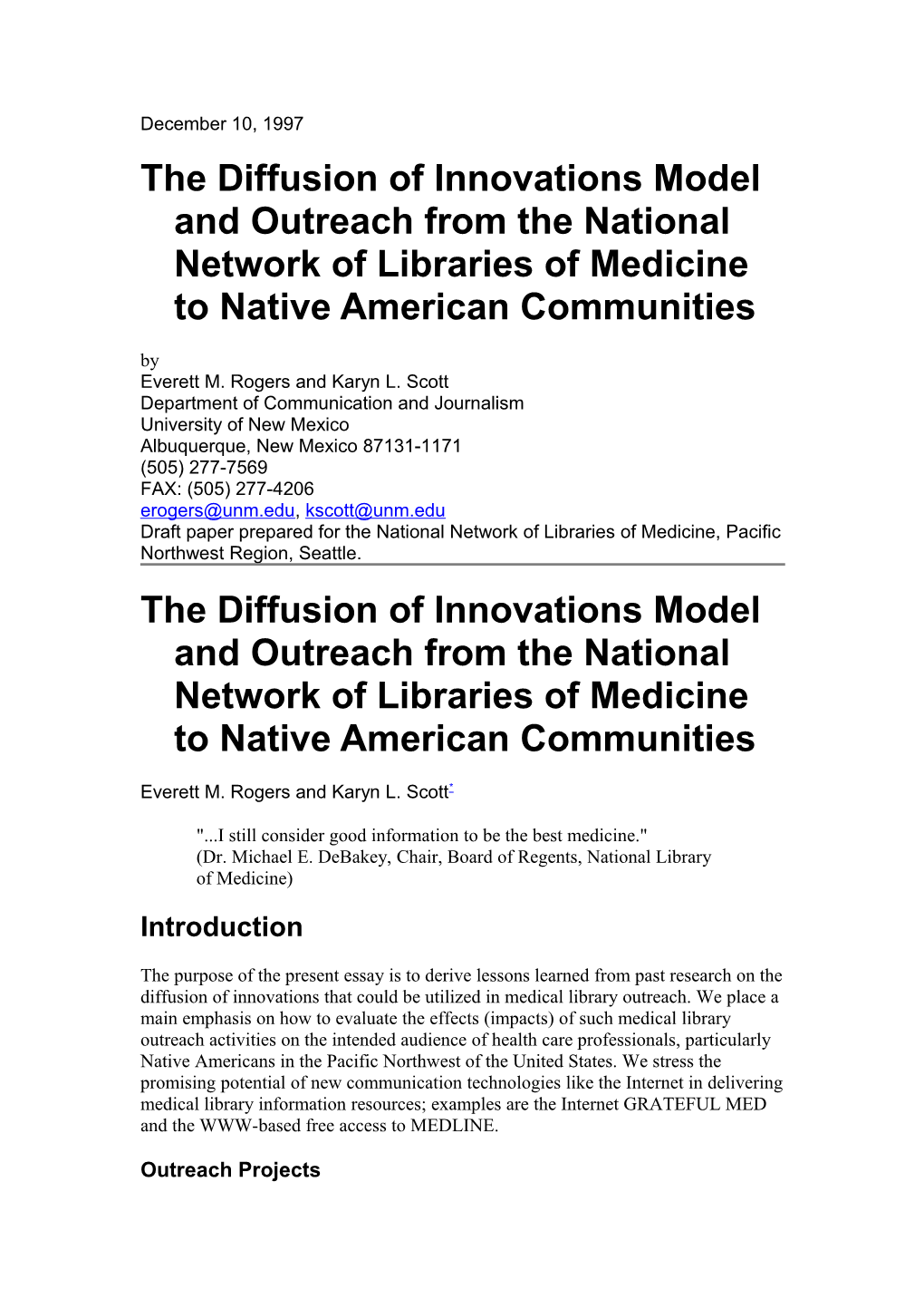 The Diffusion of Innovations Model and Outreach from the National Network of Libraries