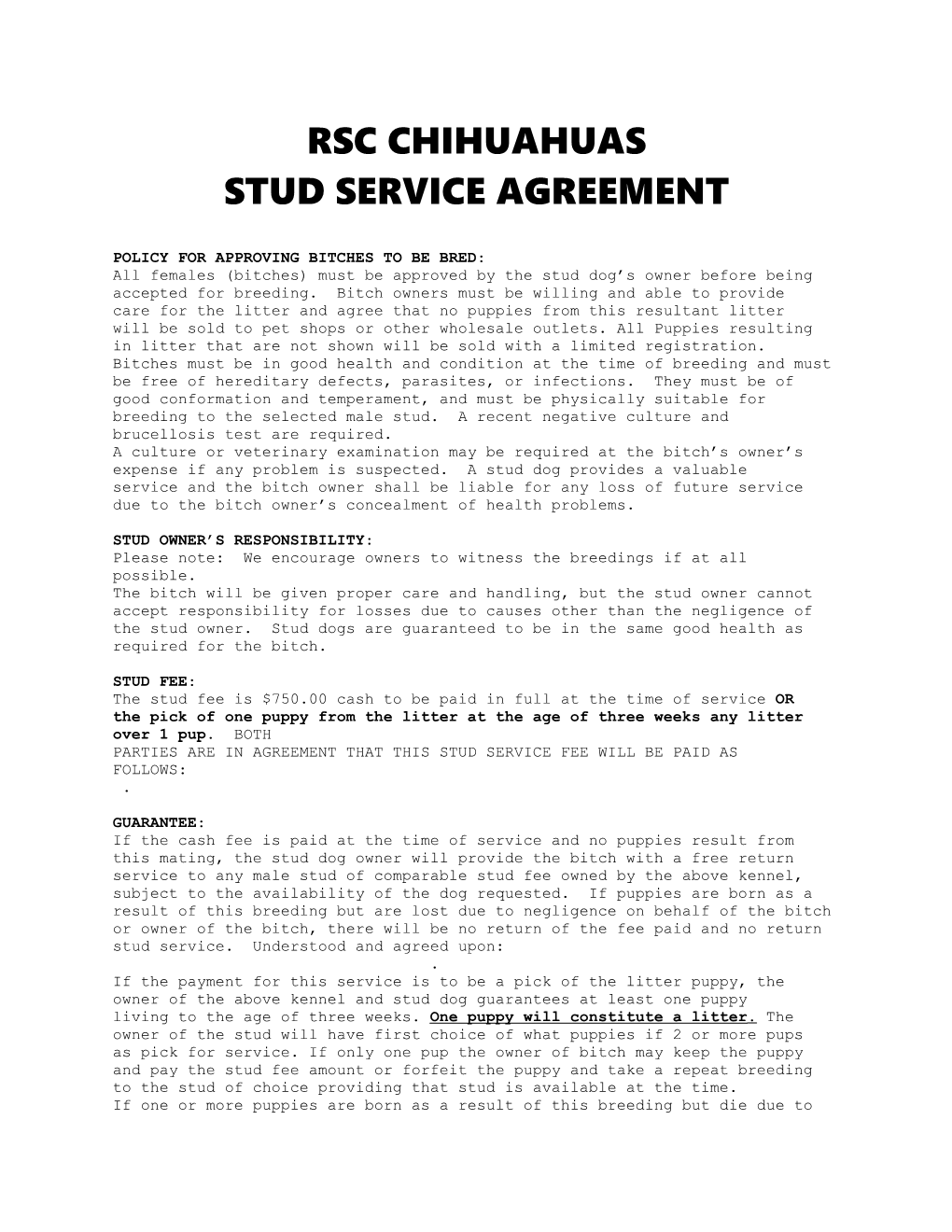 Stud Service Agreement