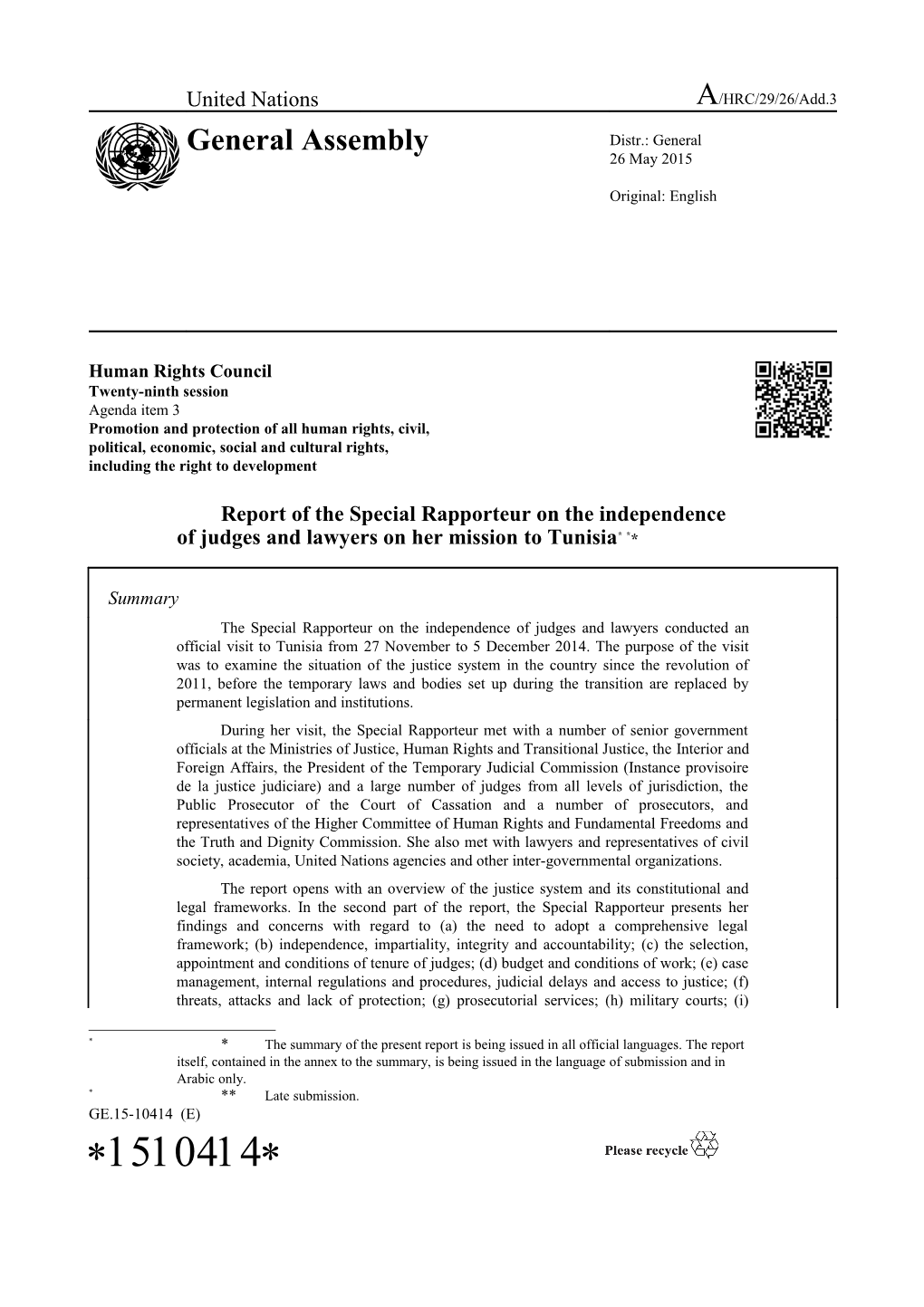 Report of the Special Rapporteur on the Independence of Judges and Lawyers - Mission To