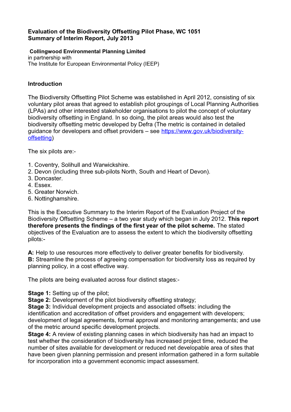 Evaluation of the Biodiversity Offsetting Pilot Phase, WC 1051