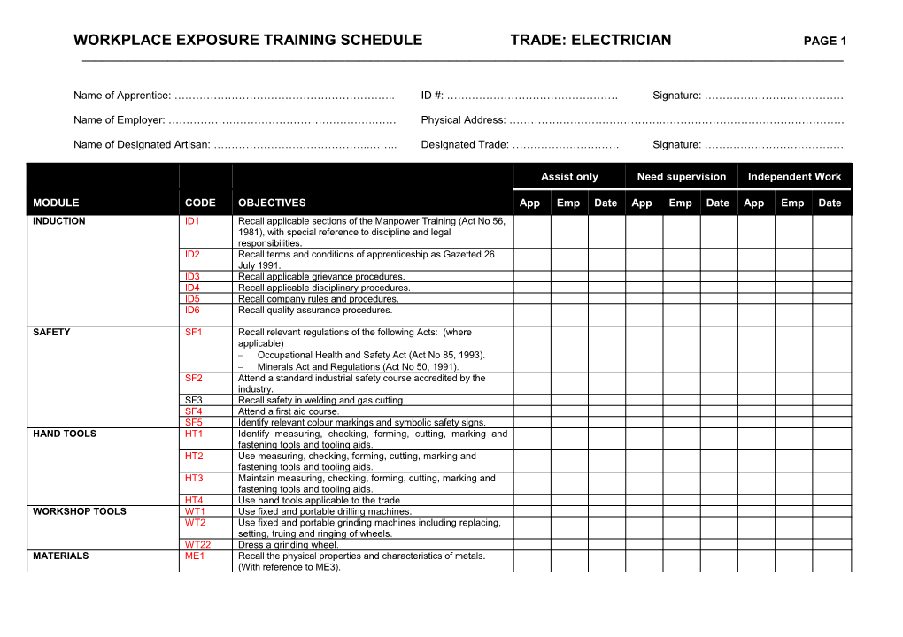 Workplace Exposure Training Schedule Trade: Electrician Page 1