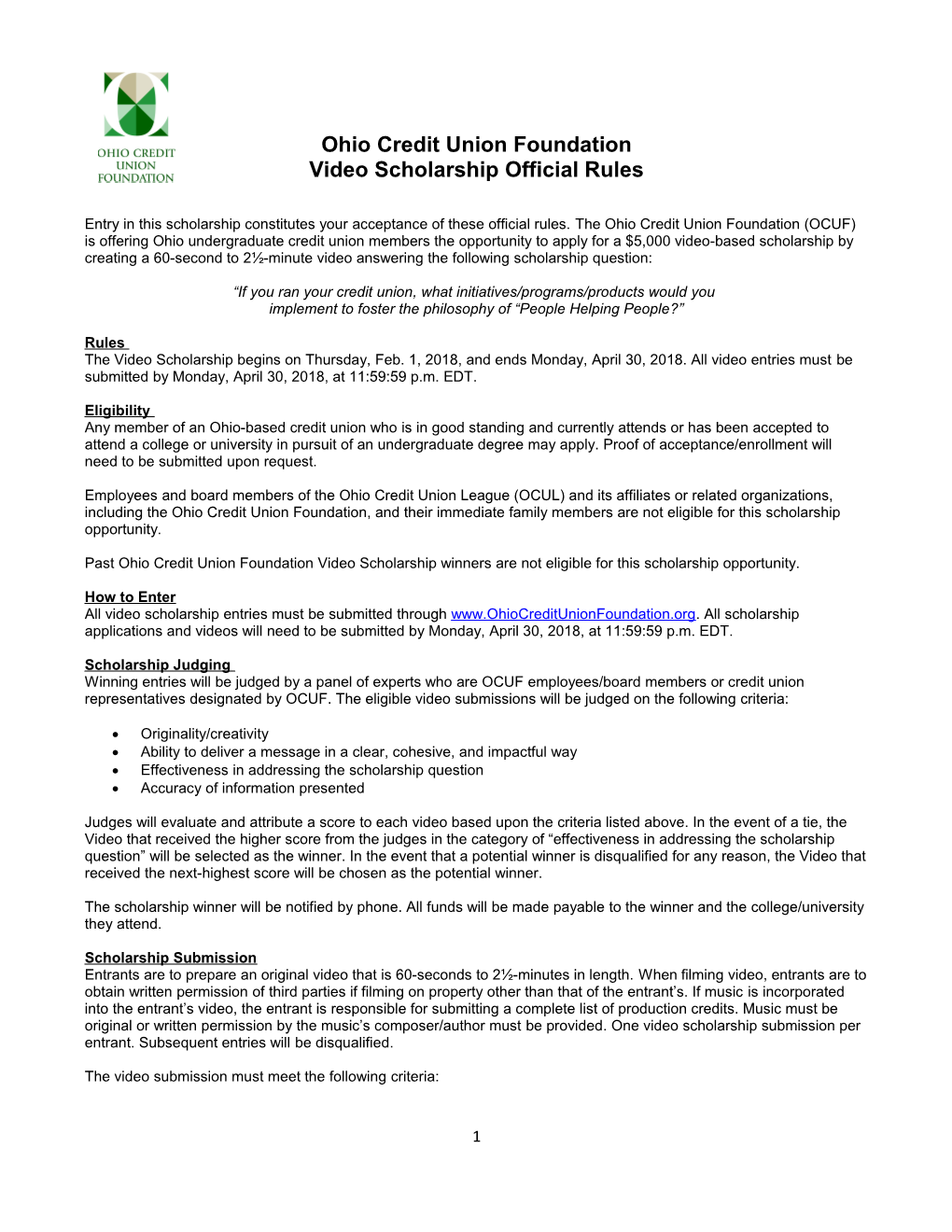 Ohio Credit Union Foundation Video Scholarship Official Rules
