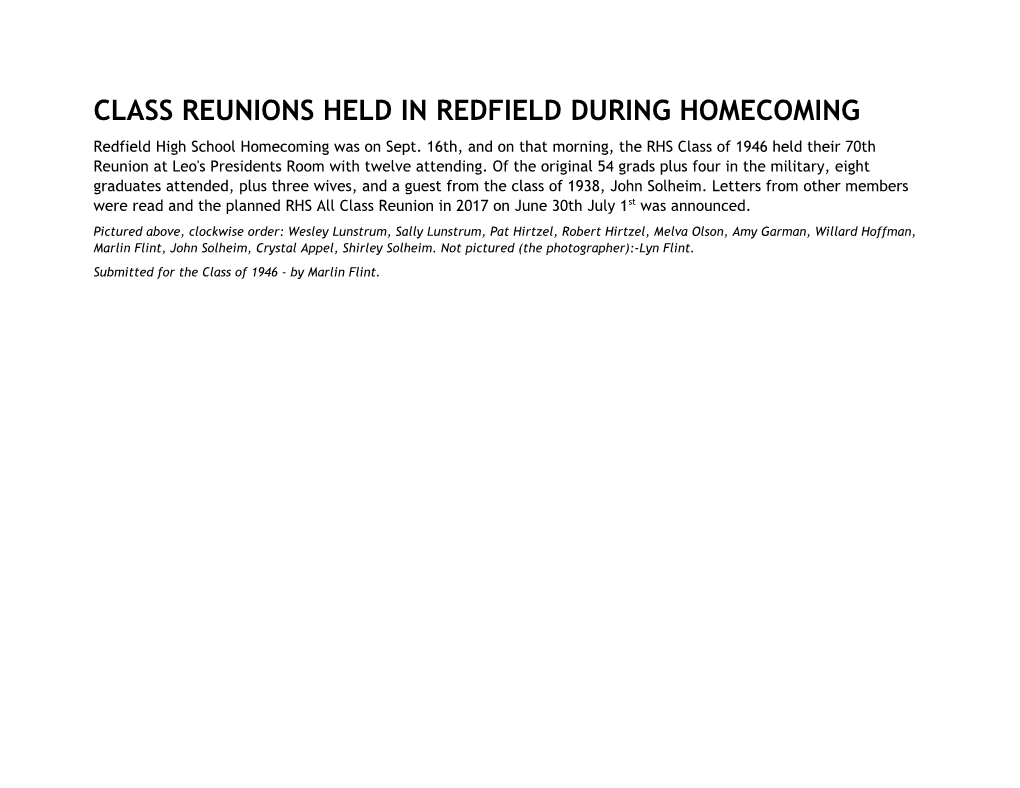 Class Reunions Held in Redfield During Homecoming