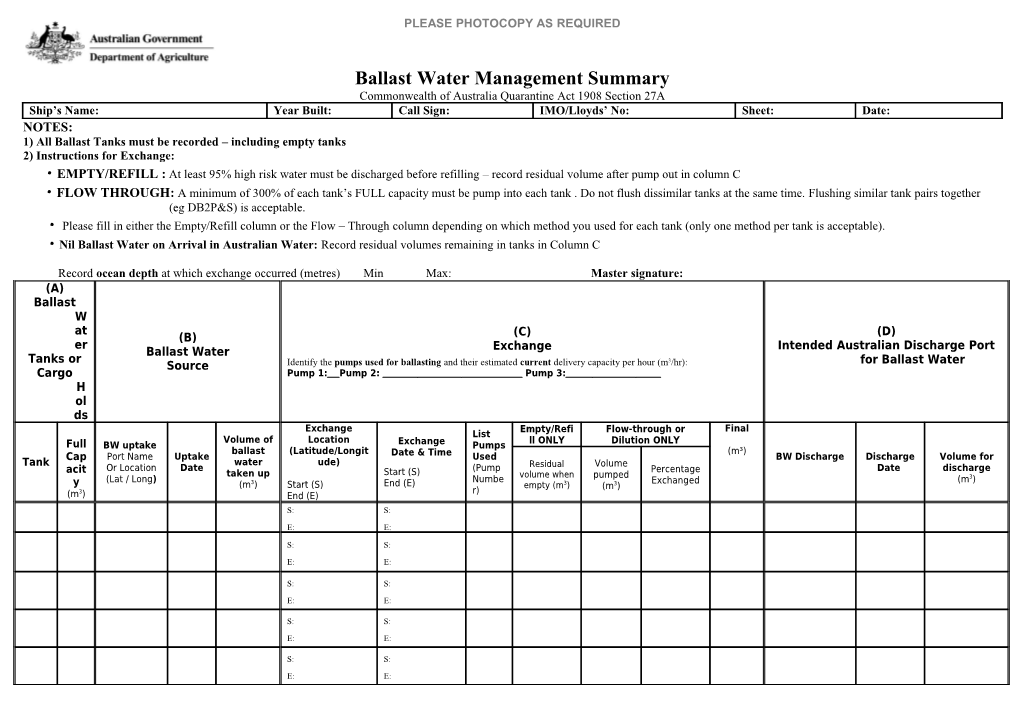 Ballast Water History Reporting Form
