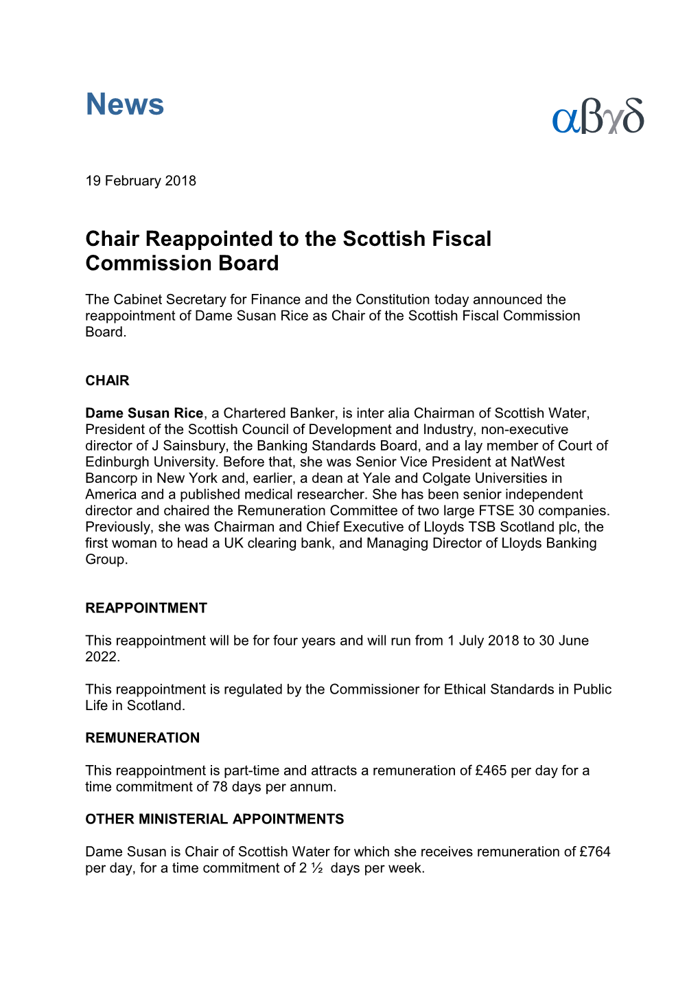 Chair Reappointed to the Scottish Fiscal Commission Board