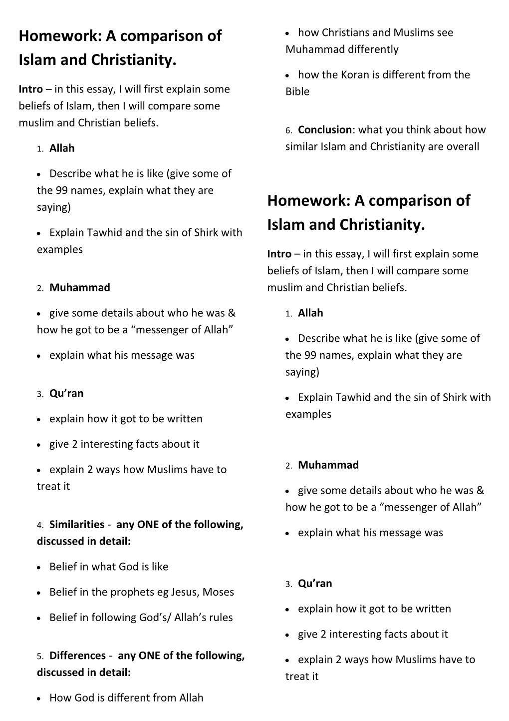 Homework: a Comparison of Islam and Christianity