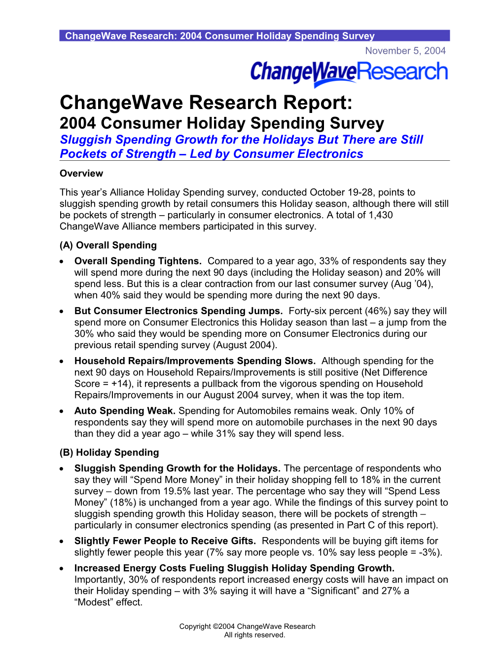 Changewave Research: 2004 Consumer Holiday Spending Survey