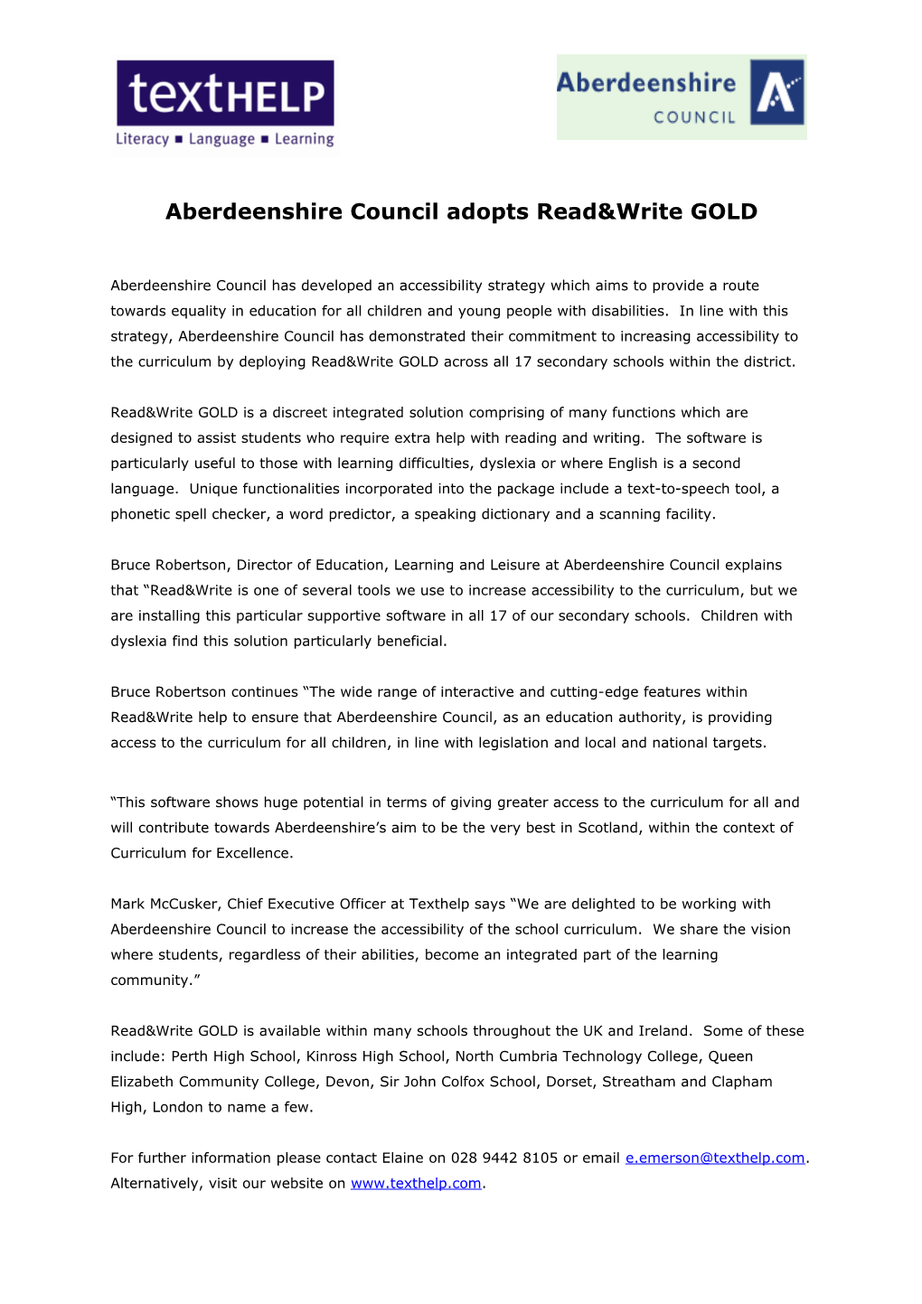 Aberdeenshire Council Adopts Read&Write GOLD