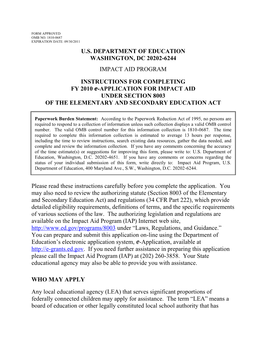 Instructions for Completeing FY 2010 E-Application for Impact Aid Under Section 8003 Of