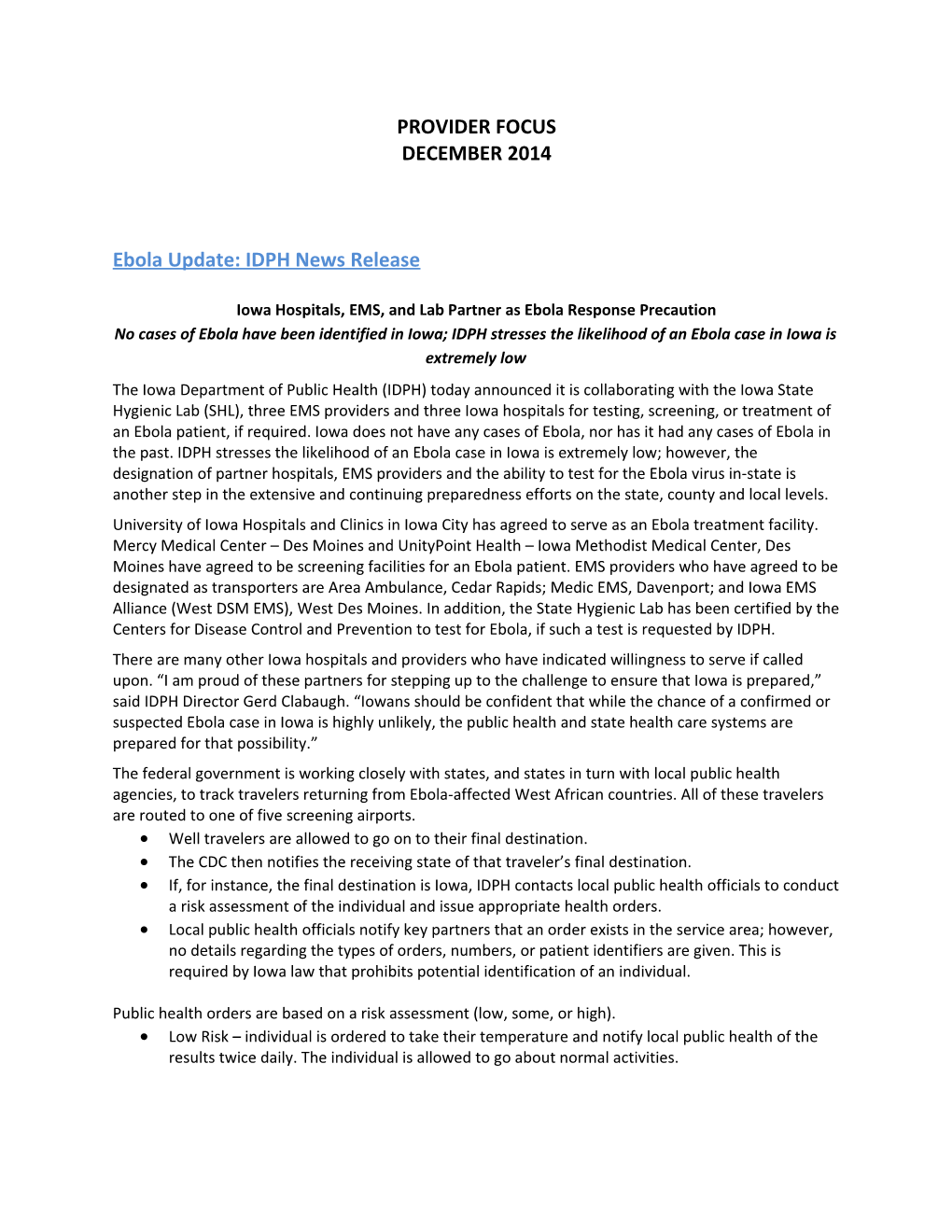 Ebola Update: IDPH News Release