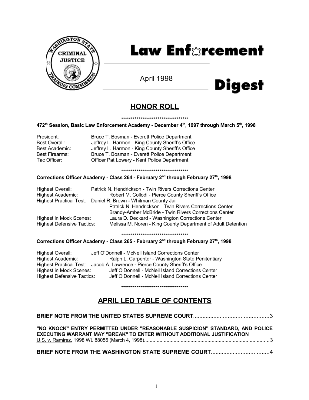 472Th Session, Basic Law Enforcement Academy - December 4Th, 1997 Through March 5Th, 1998