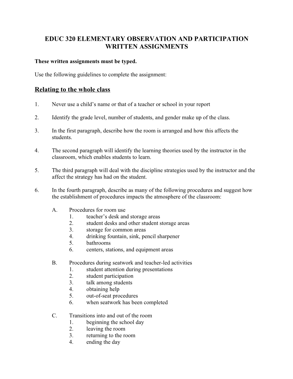 Educ 320 Elementary Observation and Participation Written Assignments