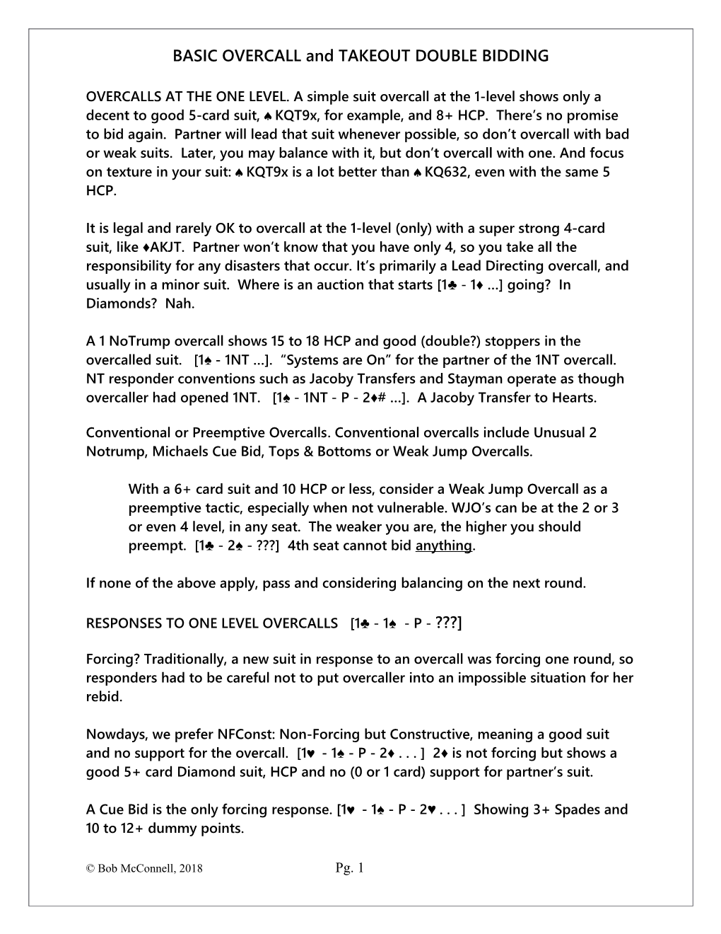 BASIC OVERCALL and TAKEOUT DOUBLE BIDDING