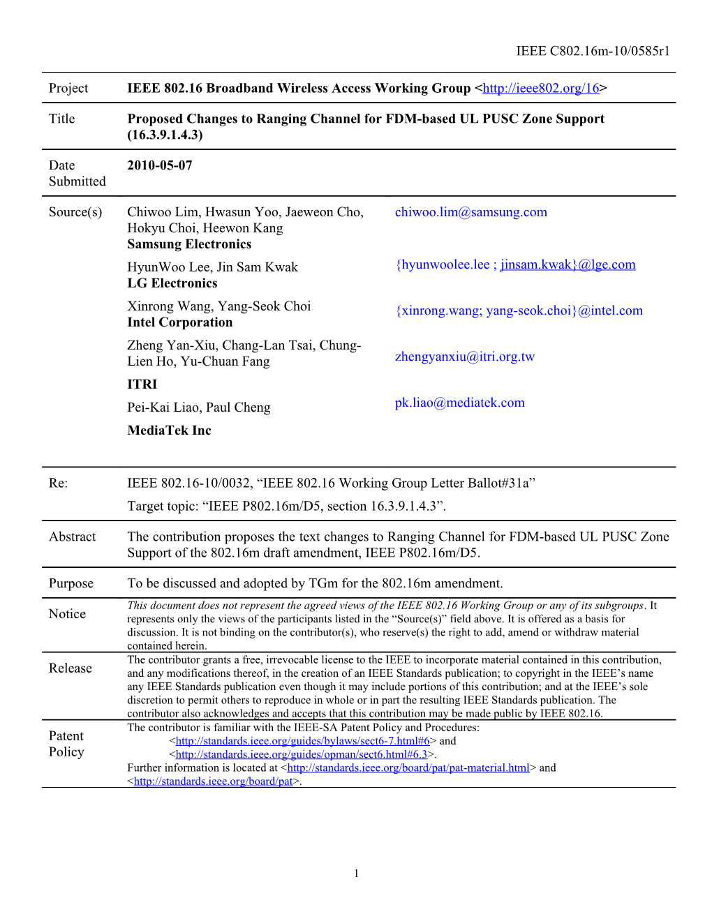 Proposed Changes to Ranging Channel for FDM-Based UL PUSC Zone Support (16.3.9.1.4.3)