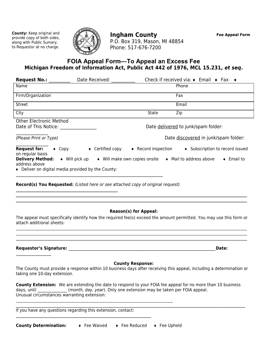 FOIA Appeal Form to Appeal an Excess Fee