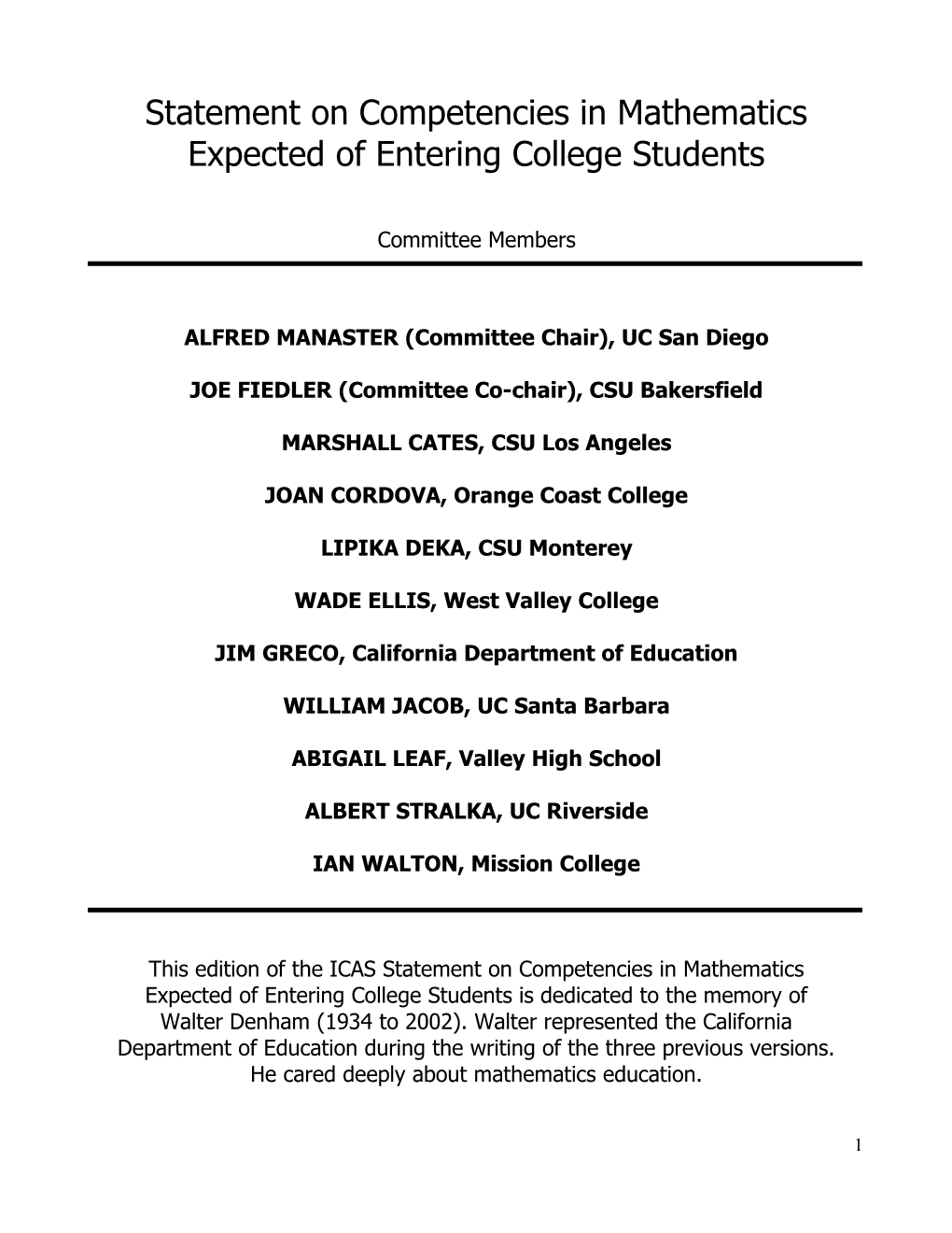 Statement on Competencies in Mathematics Expected of Entering College Students