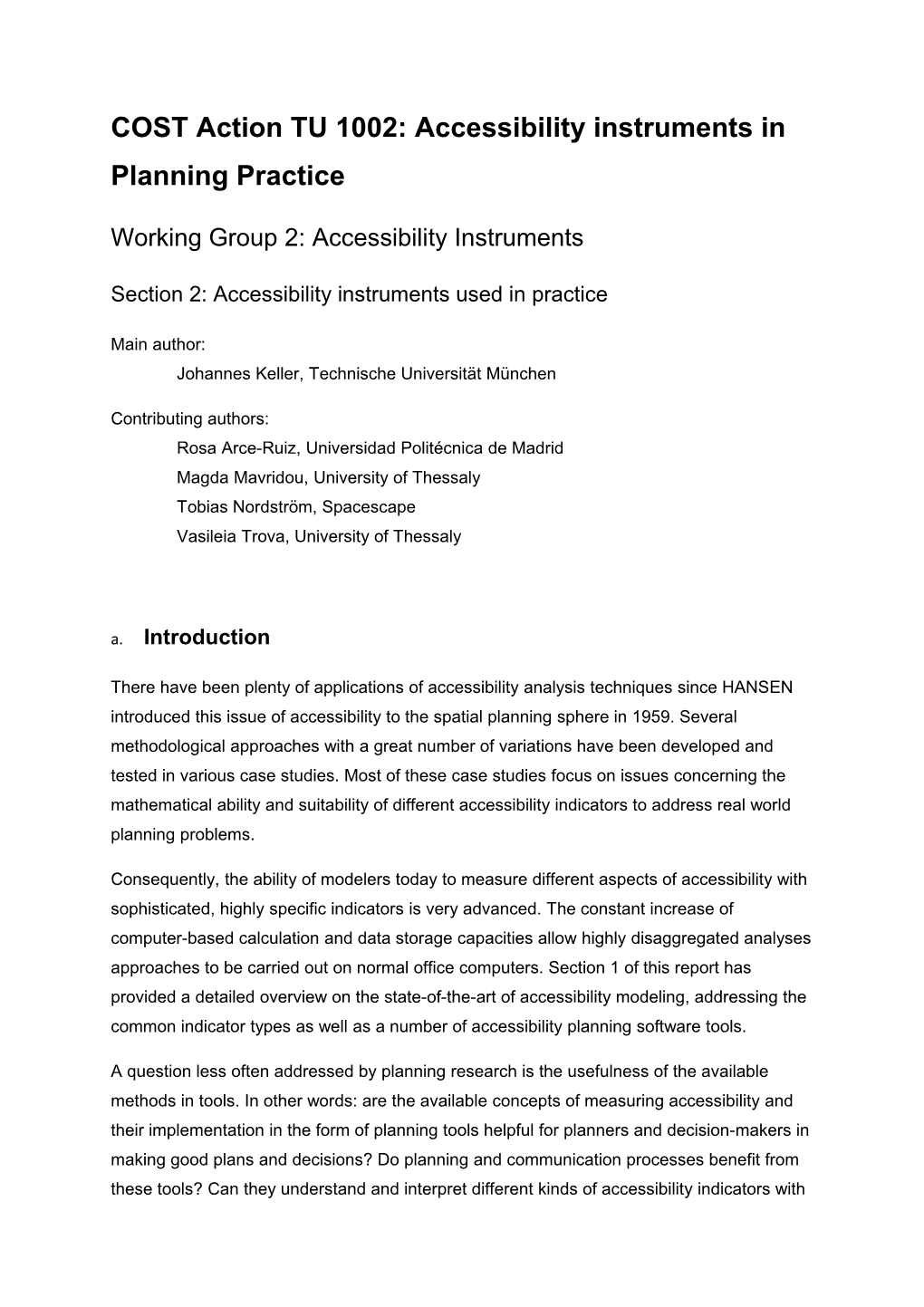 COST Action TU 1002: Accessibility Instruments in Planning Practice