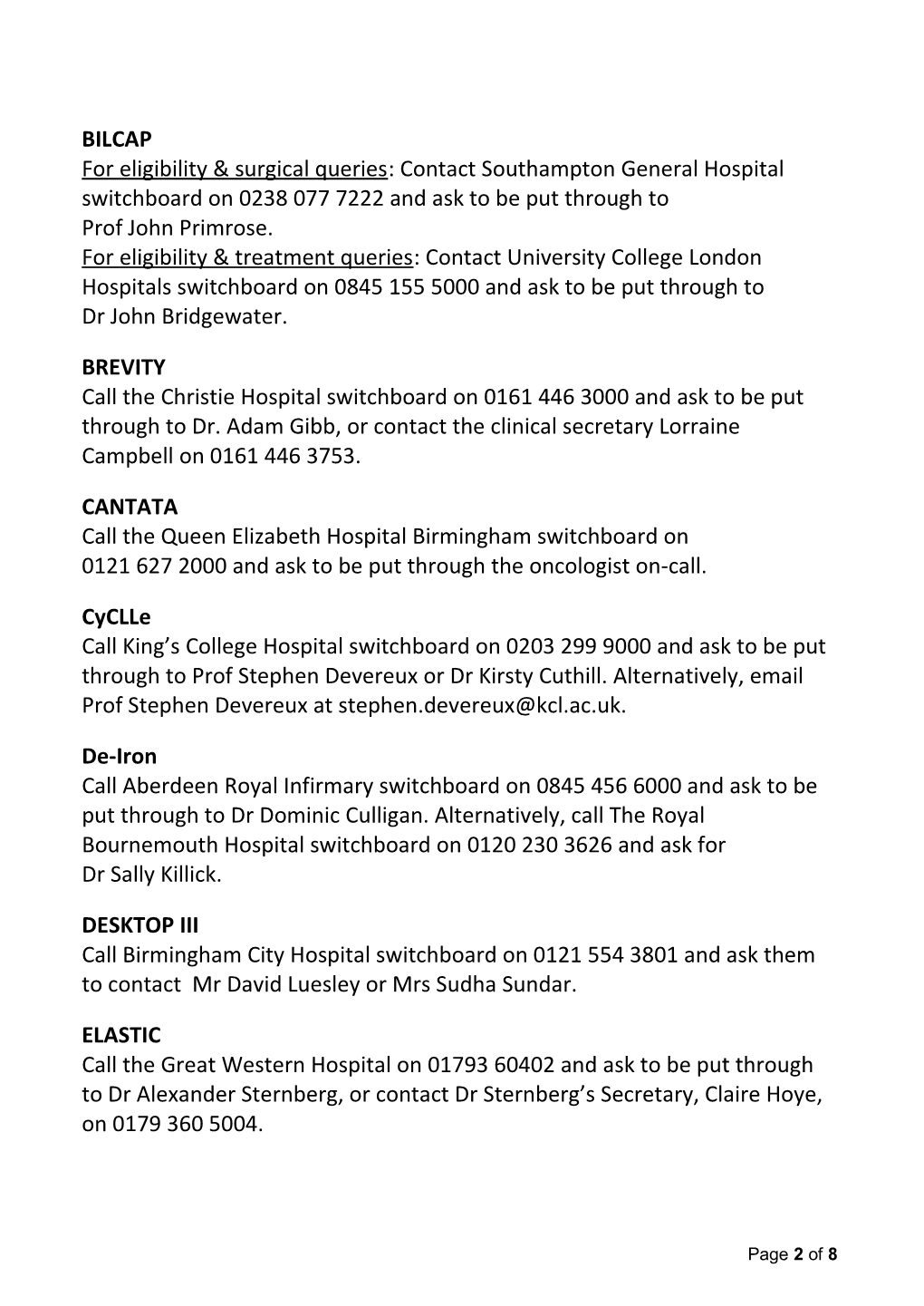 Emergency Clinical Contact Details During the Crctu