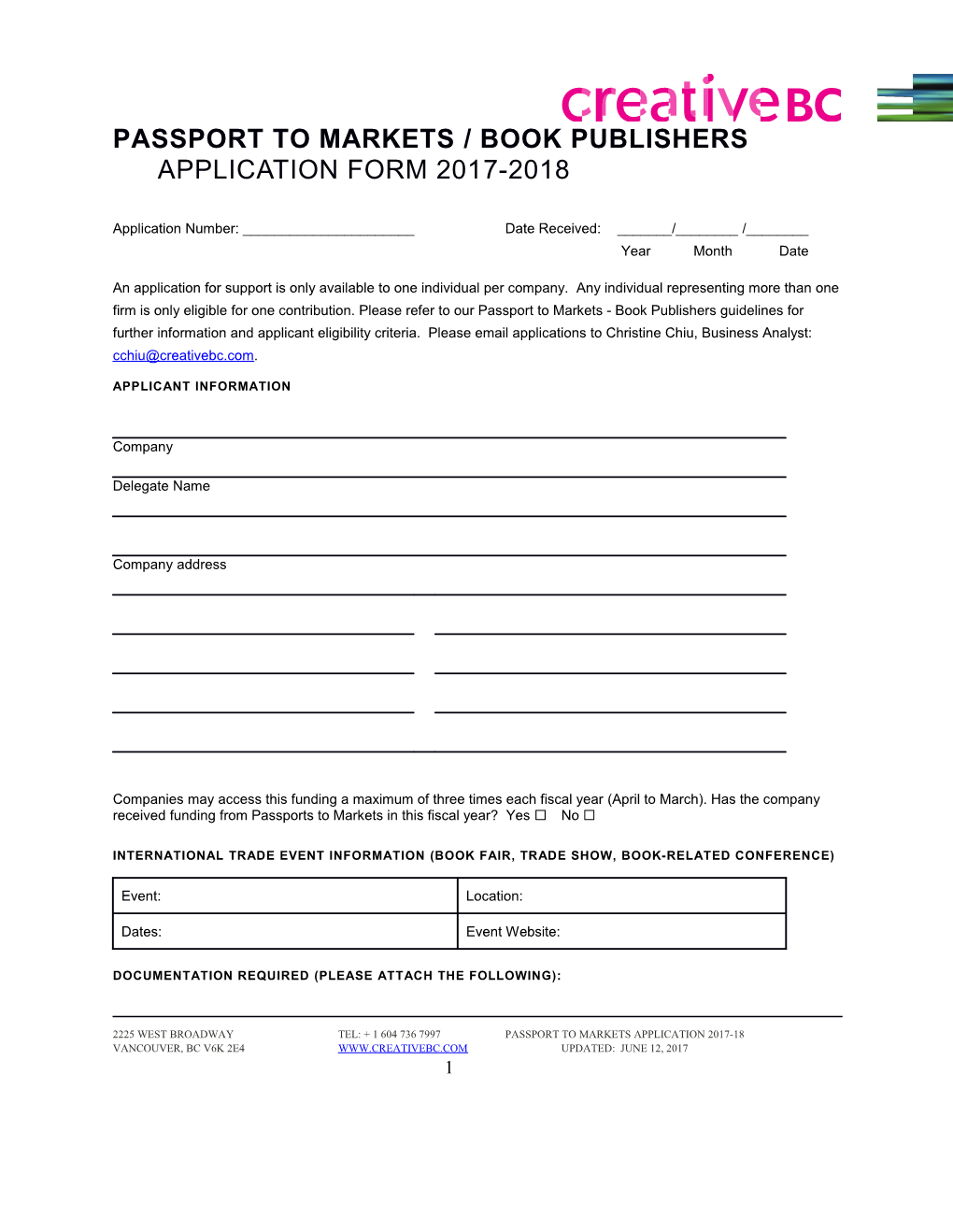 Passport to Markets / Book Publishersapplication Form 2017-2018