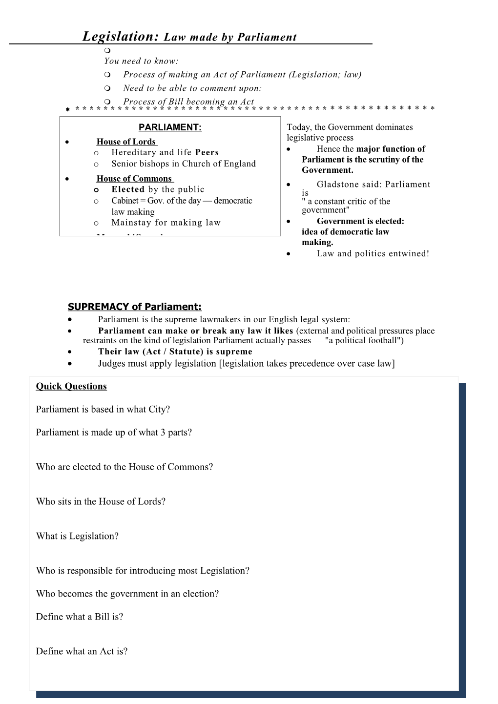 Process of Making an Act of Parliament (Legislation; Law)